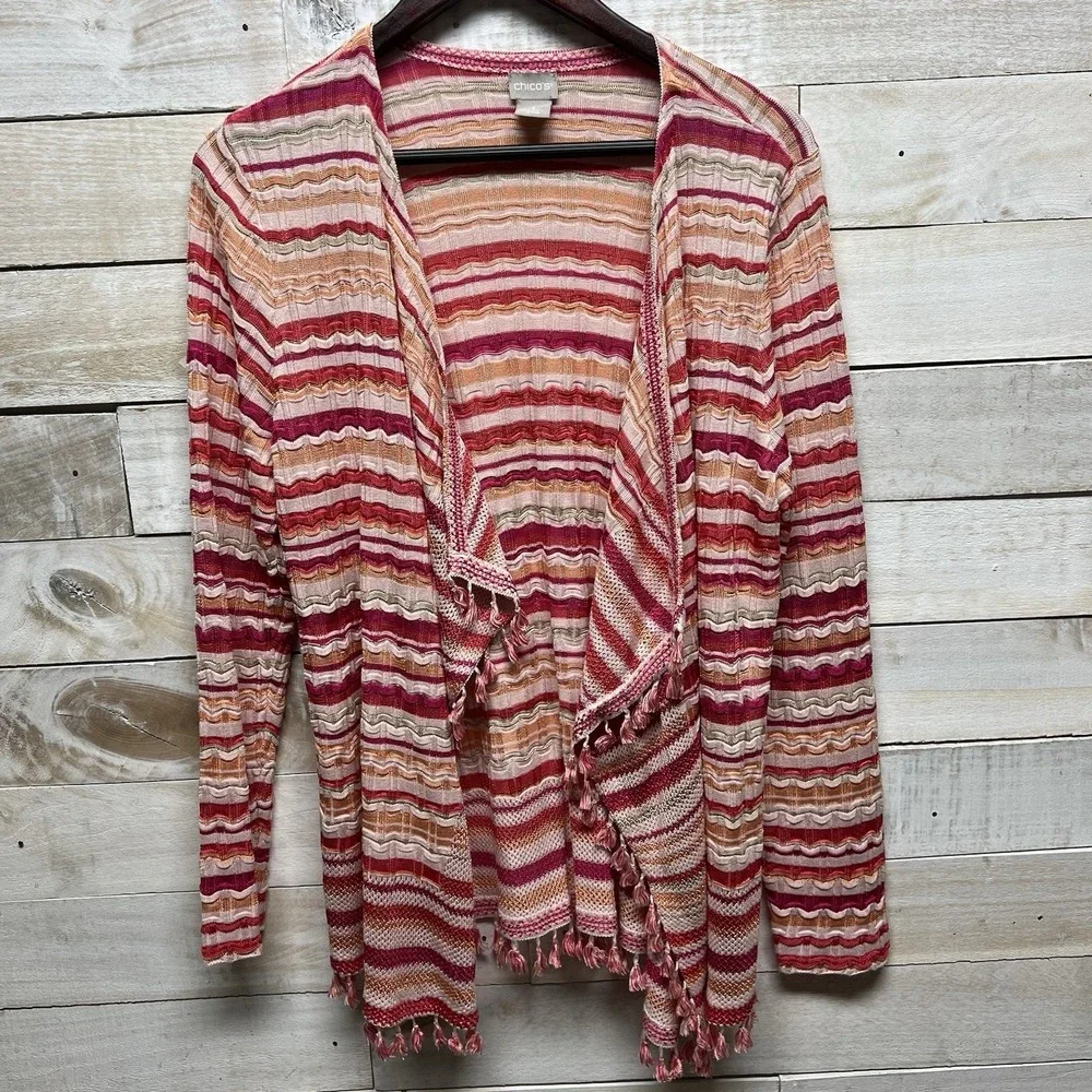 Chicos Cardigan Two Piece Set Womens 2 US Large Stripe Fringe Stretch‎ Casual
